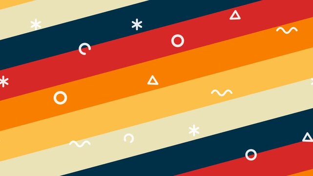 Animated retro 1980s slanted racing stripes background featuring bold vintage colored lines and moving white doodle shapes for high energy events.