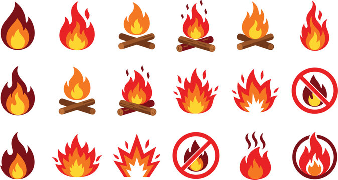 Fire and bonfire icons set with flame symbols campfire logs and restricted warning signs