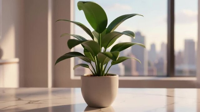 Modern indoor plants in pots placed on a polished floor by large windows.
