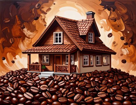 An idyllic cottage nestles in a bed of coffee beans with beans swirling around, glowing with a soft warm light