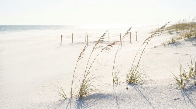 Wind-bent sea oats on a Gulf Coast dune crest under brutal noon sun, heat shimmer visible over pale sand, a roped-off sea turtle nesting are 2