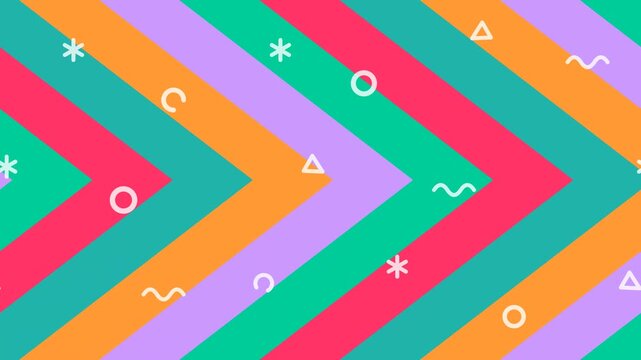 Animated 1980s retro chevron arrow stripes background featuring bold scrolling arcade colors and moving doodle shapes for nostalgic tech events.