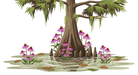 Close-up view of a cypress tree trunk in water surrounded by purple flowers and moss for botanical study and nature art. © Manik