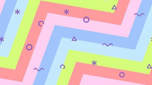 Animated dynamic 1990s pastel diagonal zigzag stripes background featuring bouncy retro lines and moving purple doodle shapes for pop fashion events.
