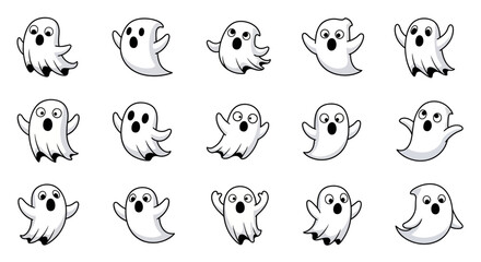 Fototapeta premium A charming collection of animated cartoon ghost characters showcasing various playful expressions and spooky poses, ideal for Halloween themes, digital designs, and whimsical illustrations