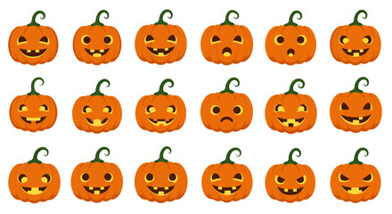 Fototapeta premium A vibrant collection of cartoon pumpkin jack-o'-lanterns displaying a wide range of expressive faces, perfect for Halloween celebrations and autumn themes