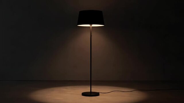 Three identical modern floor lamps with black bases and round shades in a.