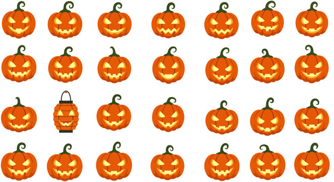 Happy Halloween! A vibrant collection of grinning jack-o'-lanterns with warm, glowing interiors, perfect for festive decorations and spooky celebrations