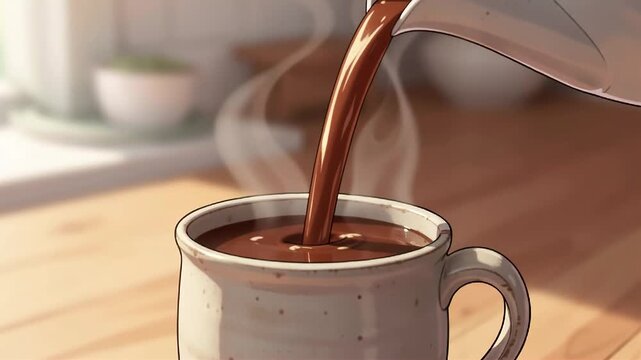 Three mugs being filled with coffee on a wooden table by a window.