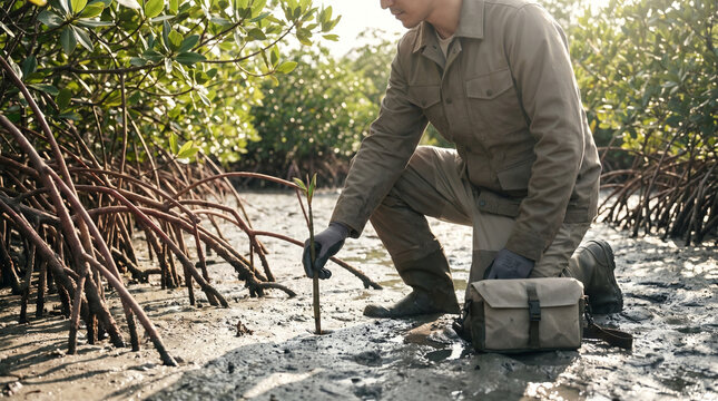 Environmental scientist wading knee-deep in a mangrove restoration site at low tide, planting a propagule in grey mud, red aerial roots emer 3