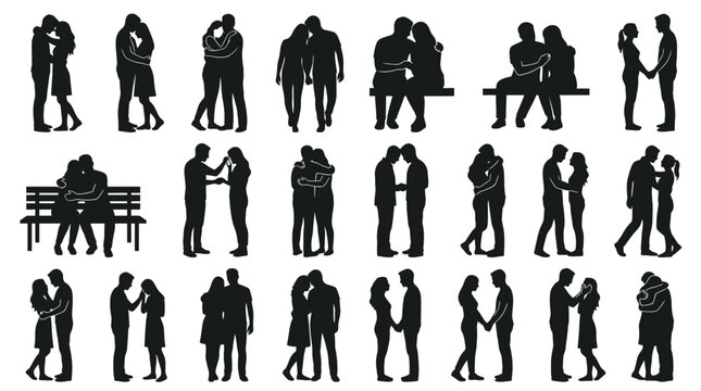 Silhouette collection of couple figures in various romantic poses against transparent backdrop.