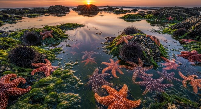 Vibrant Tide Pools with Starfish and Sea Urchins at Sunset on a Rocky Coastal Shoreline