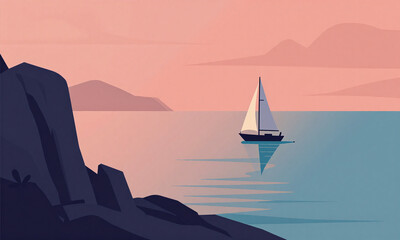 Fototapeta premium soft light casts across calm andaman sea lone sailboat glides laem promthep rocky cape rising foreground