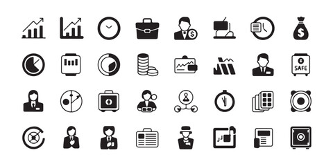 Fototapeta premium Comprehensive Business Finance and Analytics Solid Icon Set