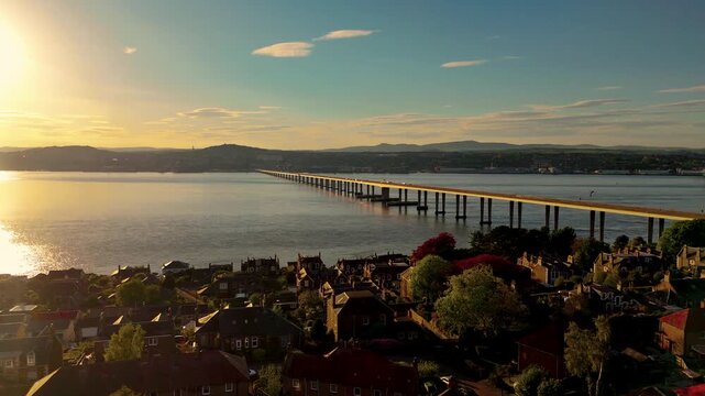 Tay Road Bridge Aerial at Sunset with Dundee City Skyline and River Tay