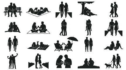 Obraz premium Set of black silhouette icons depicting various romantic couples in different outdoor activities.