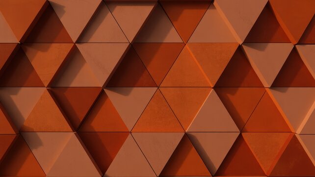Abstract 3D geometric pattern of orange and terracotta triangles with shadows and texture