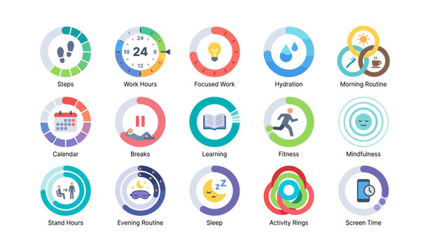 Circular habit and activity icons displaying progress rings