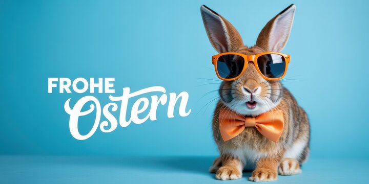 Cute rabbit wearing orange sunglasses and bow tie with Frohe Ostern German greeting on light blue background