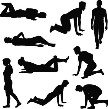 WebHuman figure silhouettes, various poses, lying, sitting, kneeling, standing, crouching, anatomy study, exercise illustration, posture icons, motion analysis, black shapes
