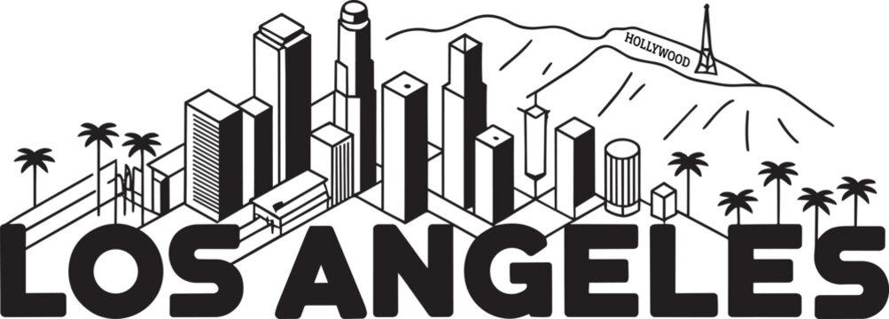 Los Angeles city skyline modern buildings palm trees and hollywood mountain clean lines famous place