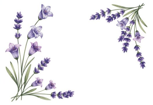 Watercolor lavender and purple campanula floral corner borders isolated on white background