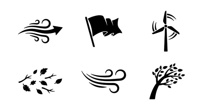 Wind Icons Set: Blowing Breeze, Flag, Turbine, Leaves, Tree, Weather Symbols
