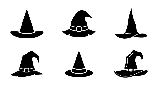 Witch Hats Collection, Halloween Icons Set, Black Magic Costume Accessories, Vector Graphics