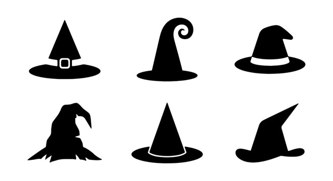 Witch Hats Vector Icons, Spooky Halloween Silhouettes, Magical Costume Elements, Black Witch Hat Collection