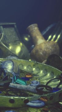 Divers discover a treasure trove during an underwater exploration. Items include pots, coins, and jewelry scattered around the site, revealing history and lost artifacts.