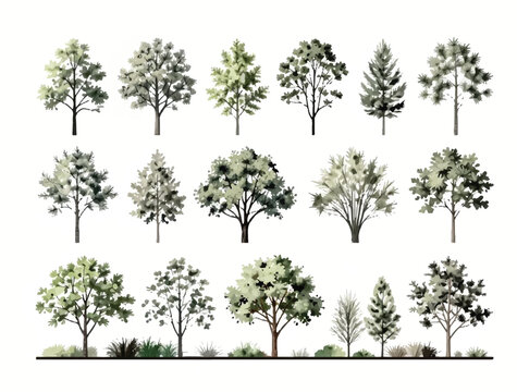 Collection of watercolor tree elevations and shrubs for architectural visualization and landscape design