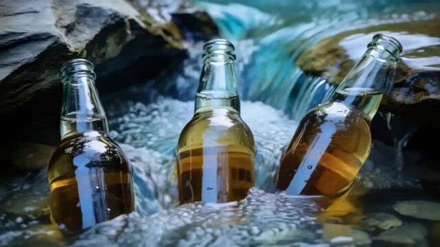 Rippling cascade feeding flow, three bottles splashing and bobbing in rocky creek with amber liquid
