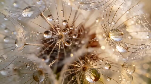 Revealing dandelion seed cluster, camera shifting focus in dawn light, showing filaments with dew