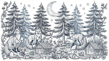Black and white illustration of reindeer. © Pono