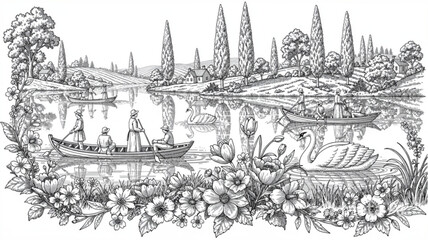Black and white illustration swans lake. © Pono