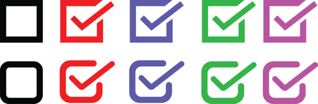 Set of square checkbox with sharp and rounded corners in red, blue, green, and purple