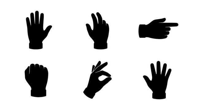 Hand Gestures Vector Icons Set, Silhouette Collection for UI Design, Communication Symbols