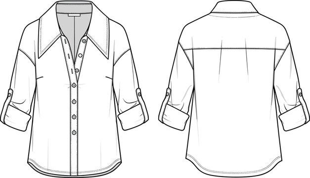 Women oversized button shirt front and back technical fashion template for casual apparel design illustration