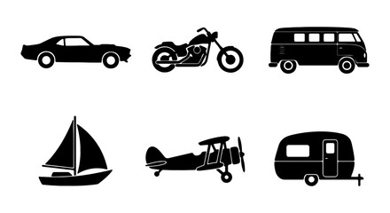 Silhouette Transportation Icons: Car, Motorcycle, Van, Sailboat, Biplane, Camper © ImageScape
