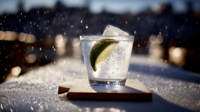 Refreshing gin tonic cocktail with lime and ice in glass on a sunny terrace with bokeh background