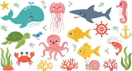 Cute Sea Animal Vector Icon Set Featuring Whale, Shark, Octopus, Turtle, and Jellyfish Characters for Childrens Nautical Designs, Summer Nursery Decor, and Educational Stickers © Rafika