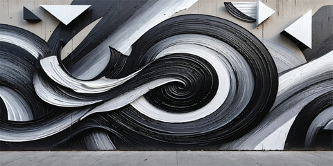Monochromatic abstract graffiti swirl on textured wall with black and white street art bold lines energetic lines graffiti abstract monochromati © Manjur
