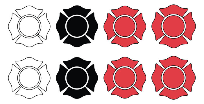 Firefighter Maltese cross emblem vector illustration, professional fire department badge with rescue icon symbolizing courage safety protection and emergency response.
