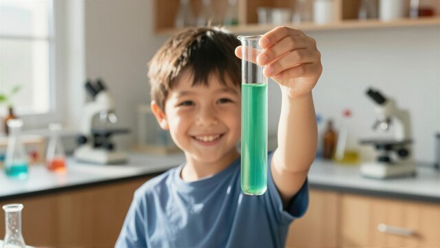 A happy young boy holds up a glass test tube filled with green liquid in a bright science lab. He enjoys a stem education experiment with a microscope in the background