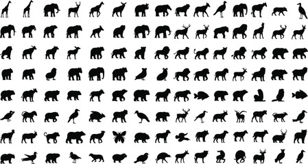 Comprehensive Collection of Wild Animal Silhouettes Featuring Mammals, Birds, and Marine Life for Nature Education, Logo Branding, Infographics, and Wildlife Conservation Design Projects © Rafika