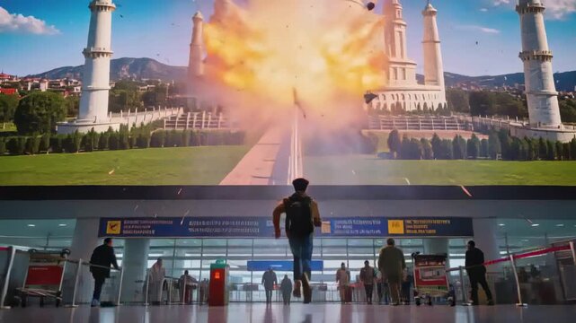 Running man dark jacket and backpack reacting to LED screen explosion animation at airport terminal