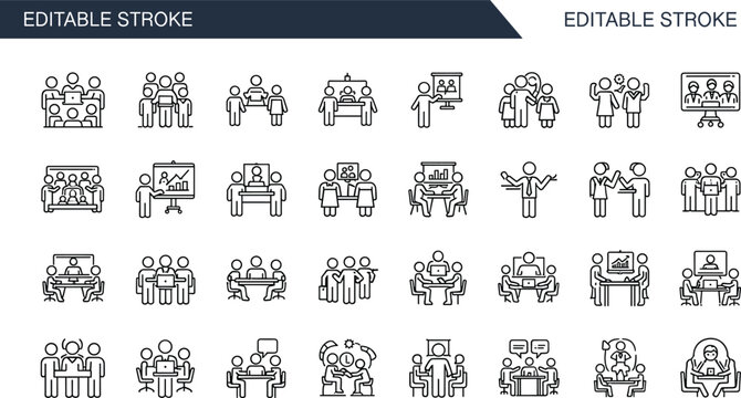 Business Meeting and Professional Team Collaboration Line Icon Set Featuring Virtual Video Conferencing Presentation Skills Strategic Brainstorming Symbols for Modern Management Vector Illustration