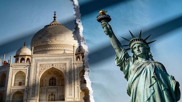 Animating torn seam revealing Taj Mahal and Statue of Liberty against blue sky, balancing icons