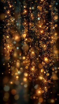 Golden glowing holiday background with blurred lights, bokeh, glitter, stars