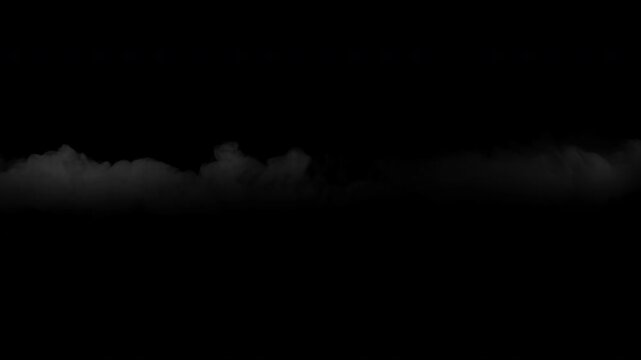 Animated white smoke cloud or mist moving horizontally on an isolated black background.